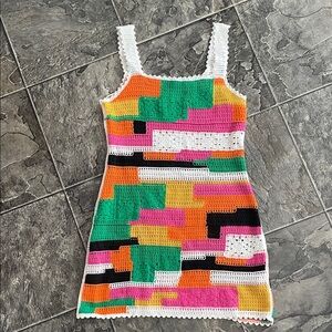 DEBUT Crochet Colourblock Short Tank Dress Boho Hippie Scalloped Indie Cottage
